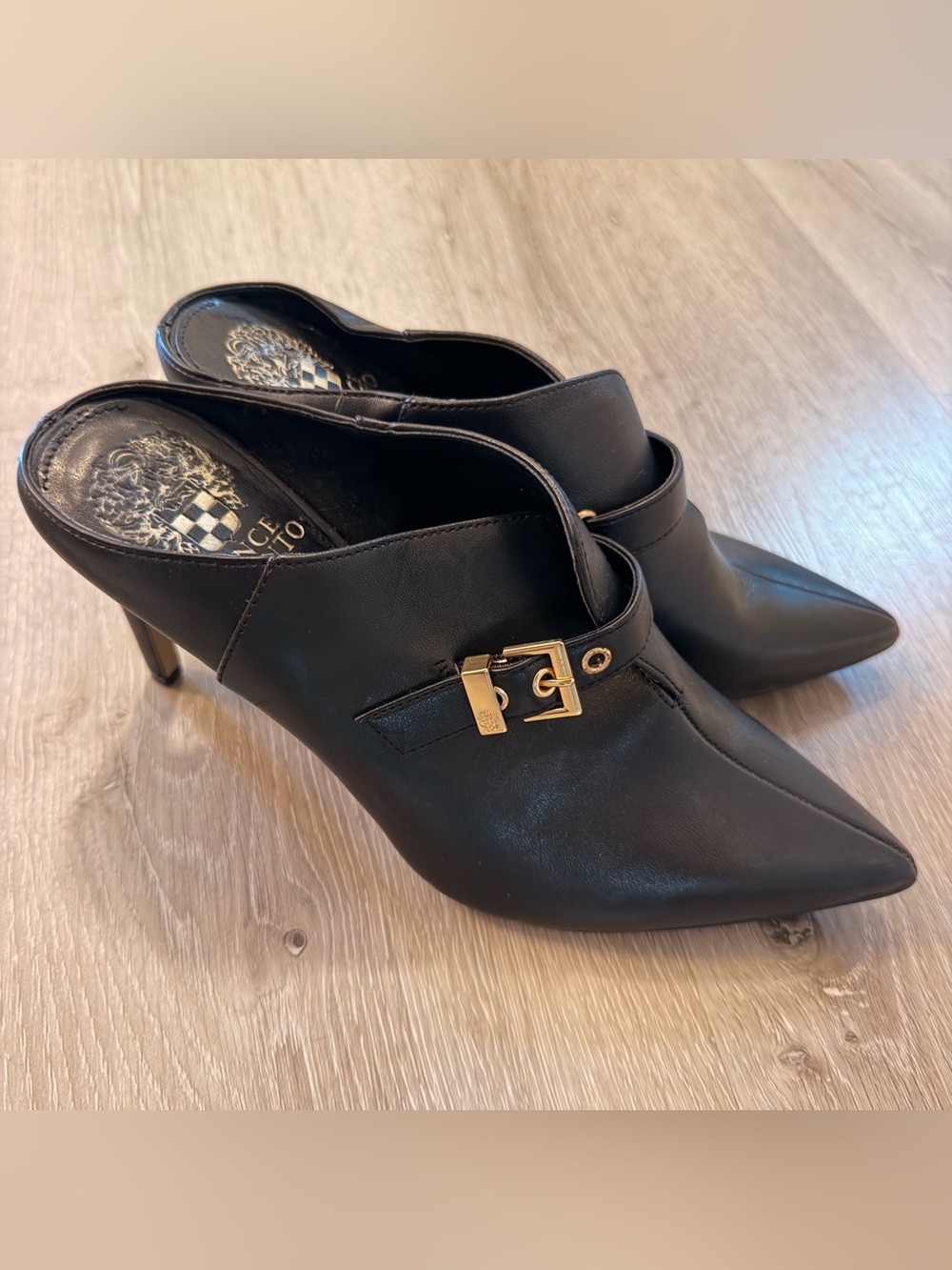 Vince Camuto Black Leather Stiletto Heeled Mules Gold Buckle Slip On Pumps 7.5